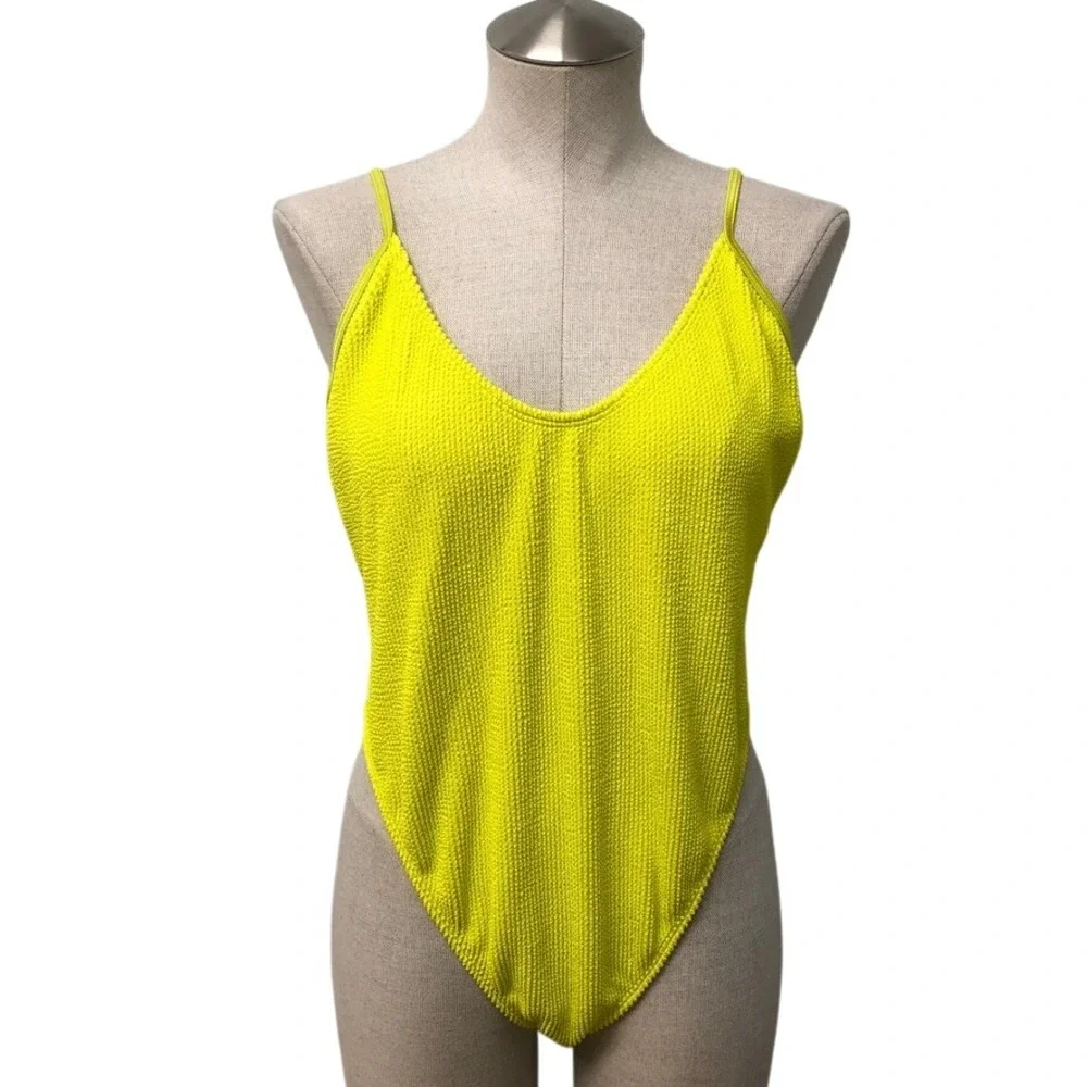 Good American One Piece Swimsuit Womens 5/6 2XL Plus Size Neon Yellow Crinkle